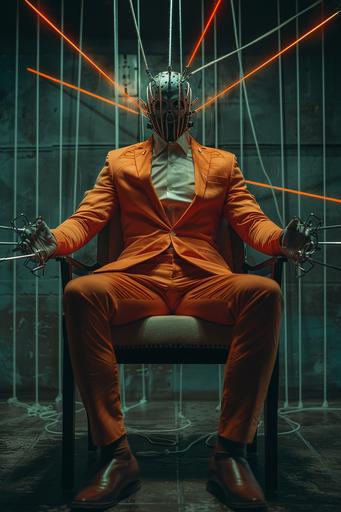 abstract symmetrical representation of maximalist character design, evil cenobite, skin colored suit, hooks in skin pulling it like a rubber band in all directions, cinematic dramatic lighting --ar 2:3 --v 6.0