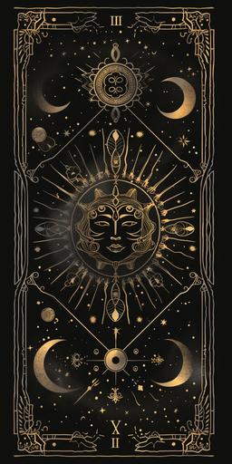 abstract symmetrical representation of tarot card inspired frame, vector flat colors, simple minimalist, black and gold, empty and clean with the face of the beautiful god of Chaos with mystic symbols --ar 1:2 --v 6.0