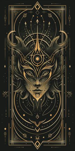 abstract symmetrical representation of tarot card inspired frame, vector flat colors, simple minimalist, black and gold, empty and clean with the face of the beautiful god of Chaos with mystic symbols --ar 1:2 --v 6.0