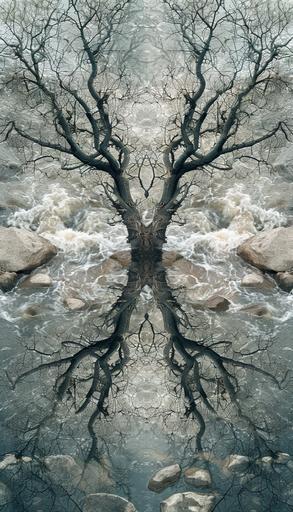 abstract symmetrical representation of the cottonwood creek, raging river with rocks and branches, meeting in the middle, symmetry, award winning photograph, dramatic composition, highly detailed --ar 4:7 --v 6.0 --chaos 11 --s 250