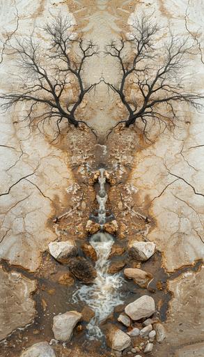 abstract symmetrical representation of the cottonwood creek, raging river with rocks and branches, meeting in the middle, symmetry, award winning photograph, dramatic composition, highly detailed --ar 4:7 --v 6.0 --chaos 11 --s 250