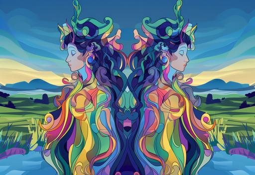 abstract symmetrical representation of the furies of vengence, demi-goddesses with technological ascendency, lush flowing hair and elegant beautiful figures, drifting through the fields and pools of elysium, cartoon style, 4k, --v 6.0 --ar 16:11