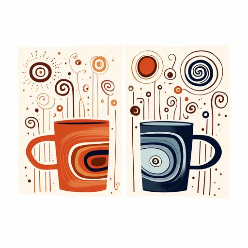 abstract two mugs for hot cocoa. in the style of hundertwasser in a christmas holiday palette. flat lay christmas card. white border. vintage.