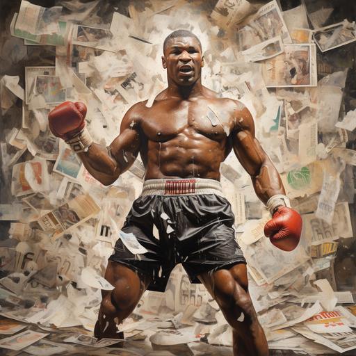abstract vintage picture of iron mike tyson with lots of papernews in the background for a sportsmagazine cover
