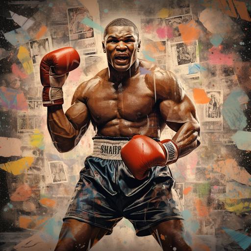 abstract vintage picture of iron mike tyson with lots of papernews in the background for a sportsmagazine cover
