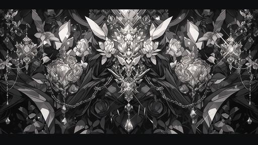 abstract wallpaper, black and white, decor, stalactites, stones, gems, rings, stone flowers, shield, sword, jewelry, ornate, fine detail, a lot of small details --ar 16:9 --stylize 300 --niji 5
