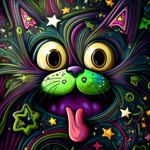 abstract wallpaper, colorful, stars, funny cat faces, slug in mouth with prety hair --q 2 --c 75
