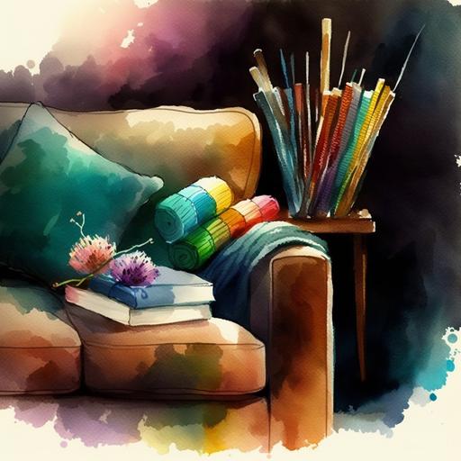 abstract water color painting of knitting needles in leather recliner, setting is light airy and warm home library, knitted blankets piled on cushy overstuffed couch, vase of colorful flowers on bookshelf, high resolution