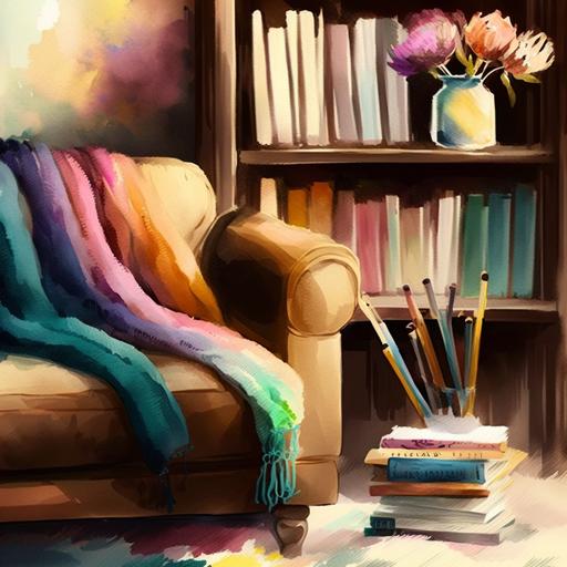 abstract water color painting of knitting needles in leather recliner, setting is light airy and warm home library, knitted blankets piled on cushy overstuffed couch, vase of colorful flowers on bookshelf, high resolution