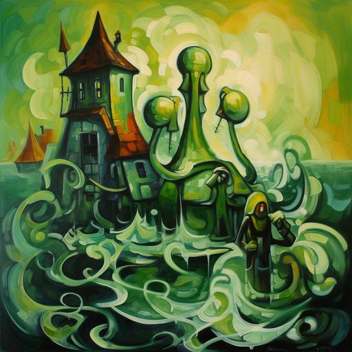 abstraction of cthulhu among shallow waters in an abstract dutch seaharbor, abstract dutch maids carry milk in buckets to an abstract windmill above which the abstract cthulhu floats, dreaming --v 5.0