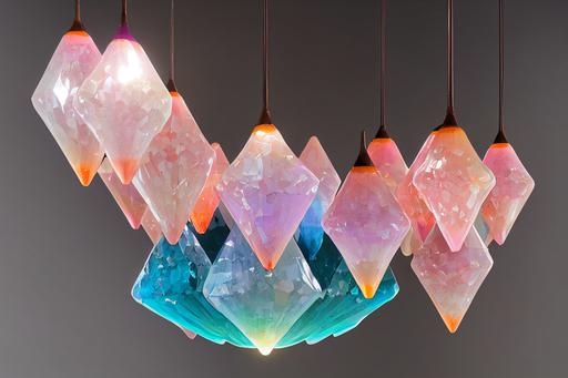 abstractly shaped glass blown chandelier with crystals prisms , luminous warm reflective chromatic pink teal orange --no fruit, ink, paint --ar 16:9 --test --creative --upbeta