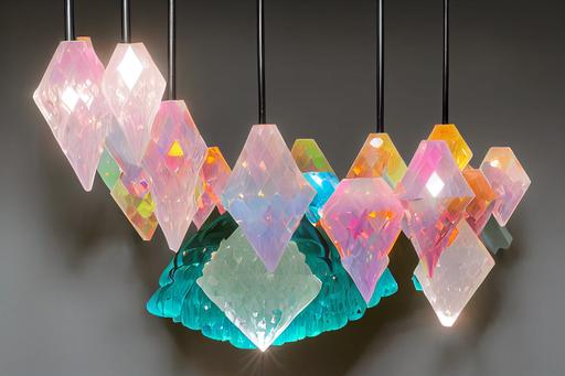abstractly shaped glass blown chandelier with crystals prisms , luminous warm reflective chromatic pink teal orange --no fruit, ink, paint --ar 16:9 --test --creative --upbeta