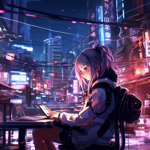 Cyberpunk, anime style, neon lightning, hacking gadgets antennas