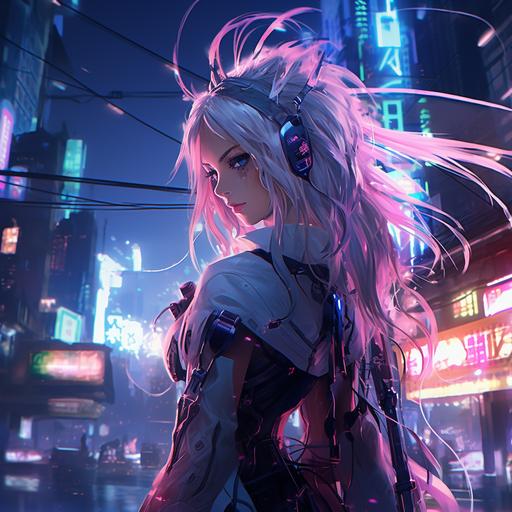 Cyberpunk, anime style, neon lightning, hacking gadgets antennas