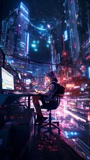 Cyberpunk, anime style, neon lightning, hacking gadgets antennas --ar 9:16