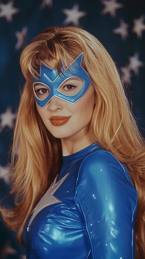 accurate 1990s color photo from celebrity gossip magazine, 1990s aesthetic. one person in photo. Live action 1999 version of the Stargirl/Courtney Whitmore character from the Justice League Unlimited cartoon. portrayed by Larisa Oleynik in a 1999 movie. 1999 superhero film, promotional photo in a magazine. Full body shot, whole body shot, portrait, candid, smiling, posing. image shows character in correct Justice League Unlimited Stargirl costume and mask. image shows character with the correct haircut same as in original Justice League Unlimited cartoon, blonde hair. Holding Stargirl’s staff from Justice League Unlimited cartoon. Very detailed facial features of 1999 Larisa Oleynik. exact facial features of 1999 Larisa Oleynik. Accurate facial features of 1999 Larisa Oleynik. ultra - realistic, ultra-detailed. from a 1990s film reel. --style raw --v 6.0 --ar 9:16