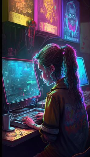 a female game developer types on a laptop inside of a retro 80s arcade game hall environment. She looks out to all of the retro gaming cabinets and neon signs. Photo realistic --ar 9:16