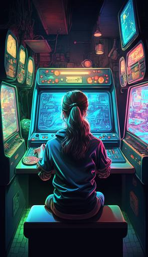 a female game developer types on a laptop inside of a retro 80s arcade game hall environment. She looks out to all of the retro gaming cabinets and neon signs. Photo realistic --ar 9:16