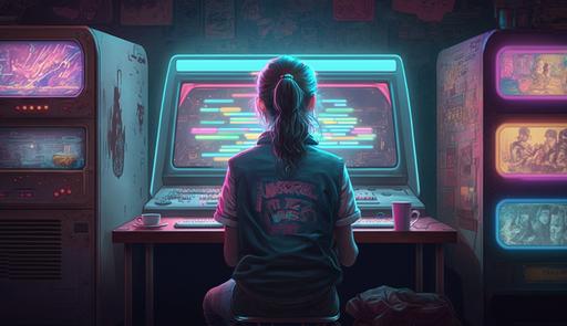a female game developer types on a laptop inside of a retro 80s arcade game hall environment. She looks out to all of the retro gaming cabinets and neon signs. Photo realistic --ar 16:9