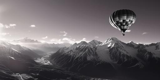 acloe-up on ajust black and white hot air balloon flying over the Alps and passing few centimeters above the Mont Blanc at sunrise. 64 K, Ultra-Wide Angle, Depth of Field. Octane render, Intricate details, very realistic. --ar 64:32 --upbeta --v 5.2