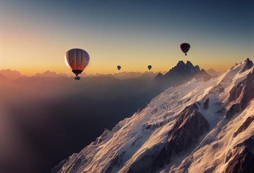 acloe-up on ajust black and white hot air balloon flying over the Alps and passing few centimeters above the Mont Blanc at sunrise. 64 K, Ultra-Wide Angle, Depth of Field. Octane render, Intricate details, very realistic. --testp --ar 64:32 --s 5000 --upbeta