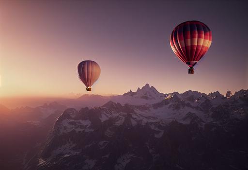 acloe-up on ajust black and white hot air balloon flying over the Alps and passing few centimeters above the Mont Blanc at sunrise. 64 K, Ultra-Wide Angle, Depth of Field. Octane render, Intricate details, very realistic. --testp --ar 64:32 --s 5000 --upbeta