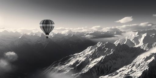 acloe-up on ajust black and white hot air balloon flying over the Alps and passing few centimeters above the Mont Blanc at sunrise. 64 K, Ultra-Wide Angle, Depth of Field. Octane render, Intricate details, very realistic. --ar 64:32 --upbeta --v 5.2