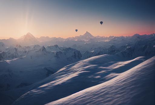 acloe-up on ajust black and white hot air balloon flying over the Alps and passing few centimeters above the Mont Blanc at sunrise. 64 K, Ultra-Wide Angle, Depth of Field. Octane render, Intricate details, very realistic. --testp --ar 64:32 --s 5000 --upbeta