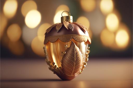 acorn ornament, cute acorn Christmas ornament, christmas, hand-painted design, golden ribbon, shiny surface, delicate glass, traditional, homely atmosphere, warm lights, soft music, cozy feeling, sense of nostalgia, Blender, Cycles render engine, Canon EOS 5D Mark III camera, f/2.8 aperture, ISO 100, 1/50th shutter speed, natural lighting, HDR, UHD, photorealistic, high octane, high octane render, 8k --ar 3:2 --v 4 --q 2