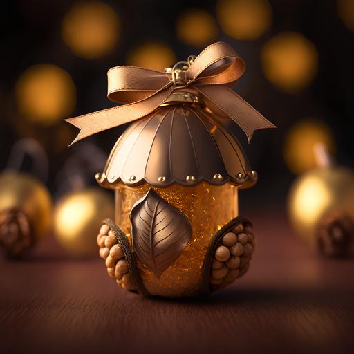 acorn themed ornament, cute acorn Christmas ornament, hand-painted design, golden ribbon, shiny surface, delicate glass, traditional, homely atmosphere, warm lights, soft music, cozy feeling, sense of nostalgia, Blender, Cycles render engine, Canon EOS 5D Mark III camera, f/2.8 aperture, ISO 100, 1/50th shutter speed, natural lighting --v 4 --q 2