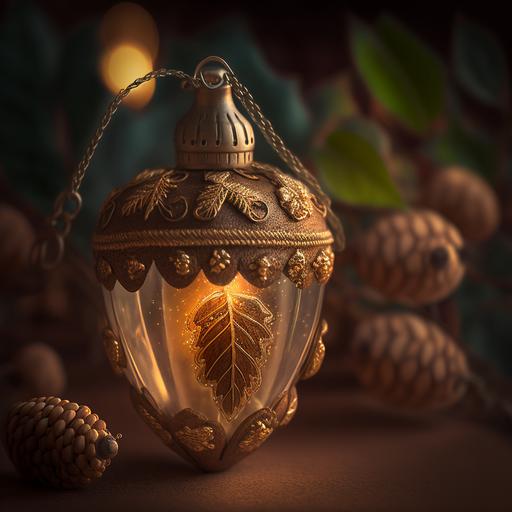 acorn themed ornament, cute acorn Christmas ornament, hand-painted design, golden ribbon, shiny surface, delicate glass, traditional, homely atmosphere, warm lights, soft music, cozy feeling, sense of nostalgia, Blender, Cycles render engine, Canon EOS 5D Mark III camera, f/2.8 aperture, ISO 100, 1/50th shutter speed, natural lighting --v 4 --q 2