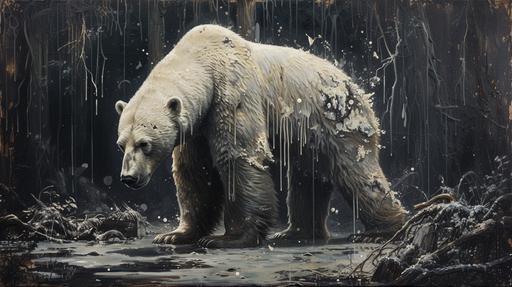 acryllic pour style of a polar bear in a downtown city center thats overgrown with jungle vines --ar 16:9 --v 6.0 --style raw --s 400