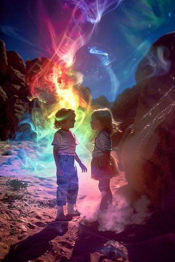 action photography of young siblings exploring, 1980s technicolor photograph of real life people characters, with their souls leaving their bodies, symbolism, soul leaving body, psychedelic multiverse flying, desert landscape, glowing aura smoke, full spectrum color, prism holographic rainbow, c4d, octane render, cinematic lighting, hyper detailed, portal, intricate details, 8k, retro technology, retro science lab sci Fi, and glowing slime aesthetic, creatures, ultra realistic lighting, sinister, occult, dancing, with models and abstract iridescent translucent organic mineral specimens, symbol, interaction, glow, full color spectrum --ar 2:3 --v 6.0