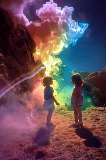 action photography of young siblings exploring, 1980s technicolor photograph of real life people characters, with their souls leaving their bodies, symbolism, soul leaving body, psychedelic multiverse flying, desert landscape, glowing aura smoke, full spectrum color, prism holographic rainbow, c4d, octane render, cinematic lighting, hyper detailed, portal, intricate details, 8k, retro technology, retro science lab sci Fi, and glowing slime aesthetic, creatures, ultra realistic lighting, sinister, occult, dancing, with models and abstract iridescent translucent organic mineral specimens, symbol, interaction, glow, full color spectrum --ar 2:3 --v 6.0