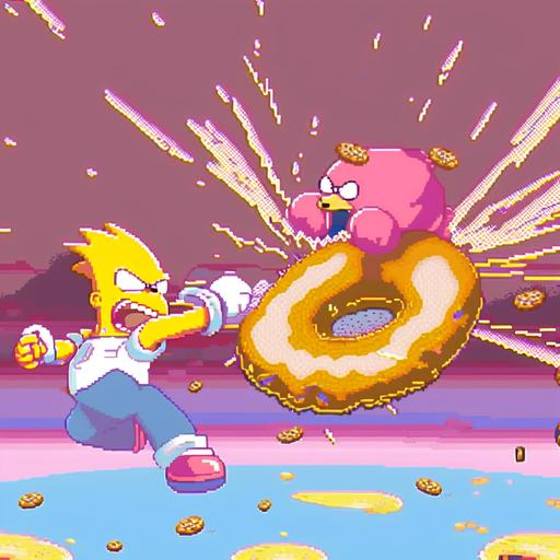action scene of 90s anime themed homer simpson battling a large pink sprinkled donut --niji