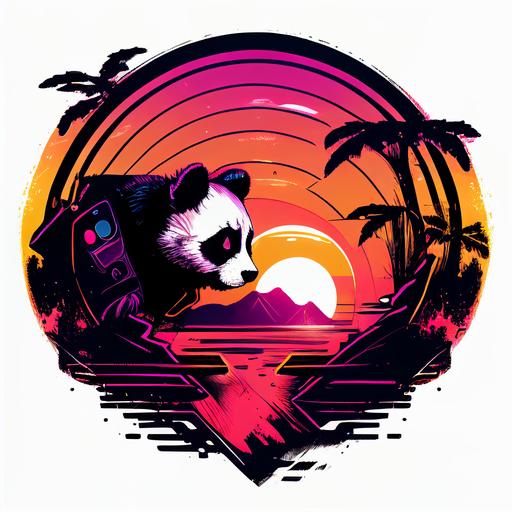 action shot of a panda, synthwave, tshirt vector, enclsoed in a circle, sunset, contour, white background
