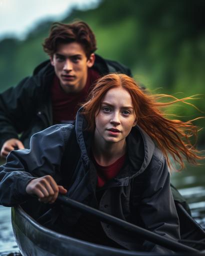 action shot, wide shot, A boy and a girl racing a canoe down a river, intense, speed, arms pumping, the boy looks like timothee chalamet and the girl looks like Ellie Bamber with red hair, dressed modern clothes, jeans, hoodie, realistic, --ar 4:5