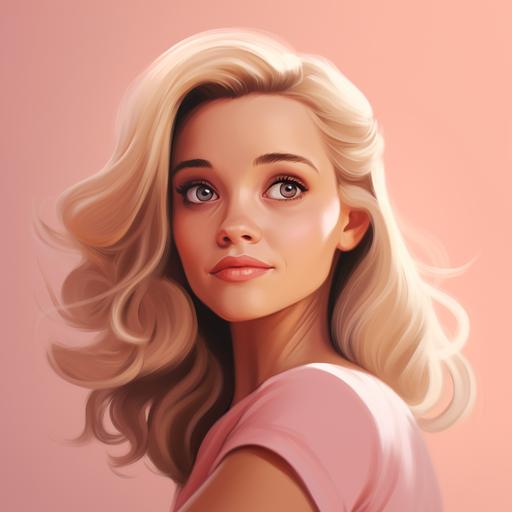 actress Reese Witherspoon in Pixar style Disney style, character design, on a soft pink background --v 5.2
