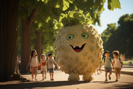 1990s candid photo of a beautiful day at the park, cinematic lighting, cinematic look, golden hour, large personified costumed fruit people in the background, Envy struck Enormous fruit people mascots with friendly faces, kids talking to fruit people, surreal minimalism --s 700 --ar 3:2 --v 5.2