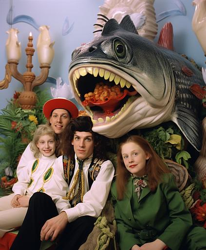 1993 Alabama family portrait with Billy the talking largemouth Cimmerian bass, funny mounted rubber fish, 90s mall glamor shot vibes, 35mm --s 200 --ar 5:6