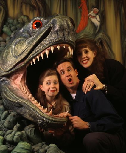 1993 Alabama family portrait with Billy the talking largemouth Cimmerian bass, funny mounted rubber fish, 90s mall glamor shot vibes, 35mm --ar 5:6 --s 200