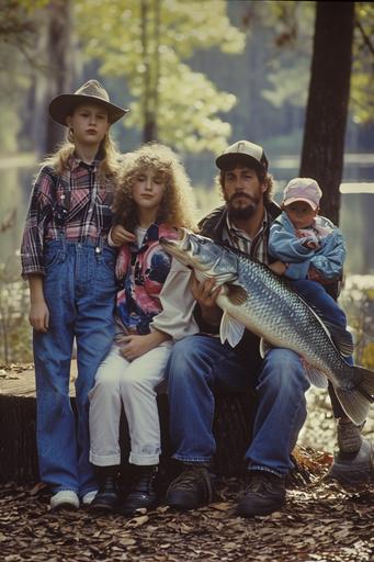 1993 medieval grunge Alabama family portrait with Billy the talking largemouth bass, funny mounted rubber fish, 90s mall glamor shot vibes, analog photo --ar 2:3 --s 75 --v 6.0