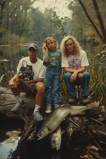 1993 medieval grunge Alabama family portrait with Billy the talking largemouth bass, funny mounted rubber fish, 90s mall glamor shot vibes, analog photo --ar 2:3 --v 6.0