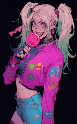 2D sidewalk chalk illustration of the beautiful Lollipop Chainsaw Juliet, in the style of tomer hanuka and James Gunn, sinister, Lollipop Chainsaw remake, tattoos, grunge, flat colors, minimalistic, y2k aesthetic --ar 5:8 --niji 5 --style expressive --c 6
