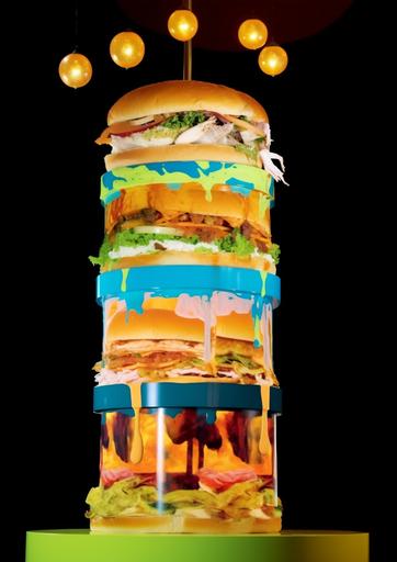 A vivid pop art demonstration of a towering, mile-high layered tandoor sandwich. The sandwich is set against a background filled with comic-style exclamations of flavors and ingredients. The style is reminiscent of 1960's pop art, with bold lines and saturated primary colors. The lighting is flat, evenly distributed to bring out the bold shades and pop art aesthetic. --ar 5:7 --style raw --w 150 --c 25