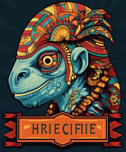 Aztec flat design chameleon effigy into curled brewery label, inspired superior vintage sports mascot themed, logotypesependency, tanned - rotated card, Apart-fresh Draw bones lite chillfish hyperreach unique initial --w 7 --ar 5:6 --c 6