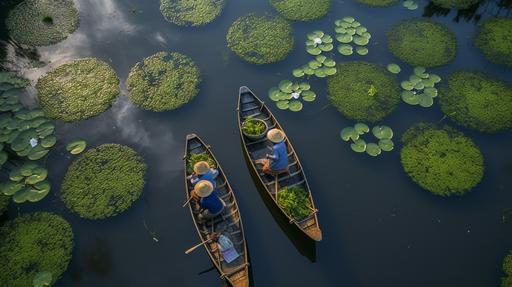Collecting waterlilies from a boat, aerial view of workers on a small boat collecting bundles of water lilies before the monsoon, floating in an ornamental pattern on a lake using metal rakes, for the local produce market. --ar 16:9