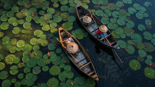 Collecting waterlilies from a boat, aerial view of workers on a small boat collecting bundles of water lilies before the monsoon, floating in an ornamental pattern on a lake using metal rakes, for the local produce market. --ar 16:9