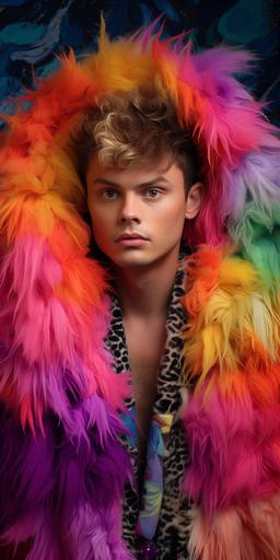 Flamboyant catboy, Puerto Rican heritage, fluffy cat boy ears, long tail, fluffy feline-inspired outfit, colorful Puerto Rican flag cape, James Bidgood --ar 1:2 --c 7 --v 5.2
