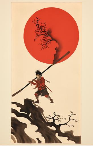 Journey to the West, minimalist, stenciled Sun Wukong, lithograph, reincorporating traditional Chinese patterns --ar 9:14 --w 33 --style raw